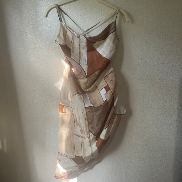 Strappy Asymmetrical Cowl Neck Mini Dress | Brown Tan Cream | XS - Picture 1 of 8
